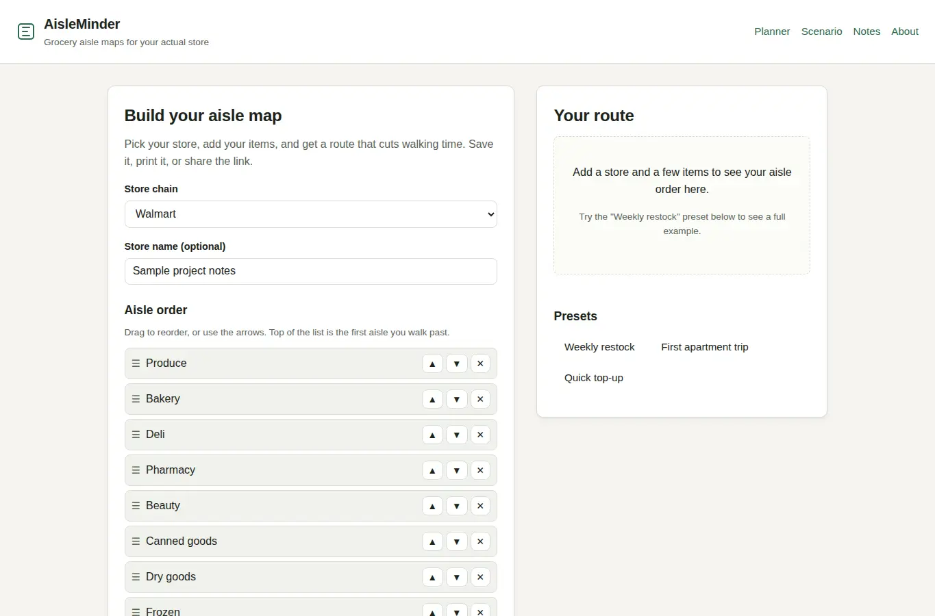 Screenshot of AisleMinder interface showing the project page in use